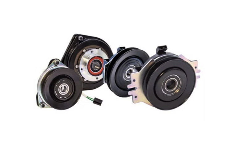 A collection of four black and metallic general purpose clutches arranged on a white background.