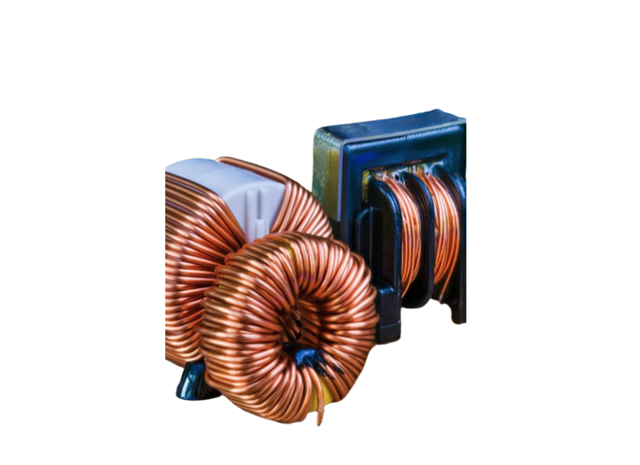 Close-up of a computer transformer with copper coils.