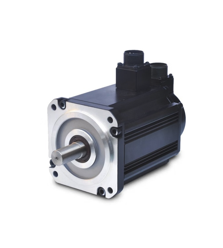 A black and silver industrial servo motor with mounting holes and a protruding shaft.