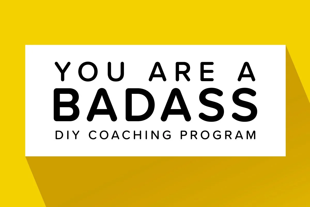 Yellow background with a white rectangle containing the black text "You are a badass DIY coaching program".
