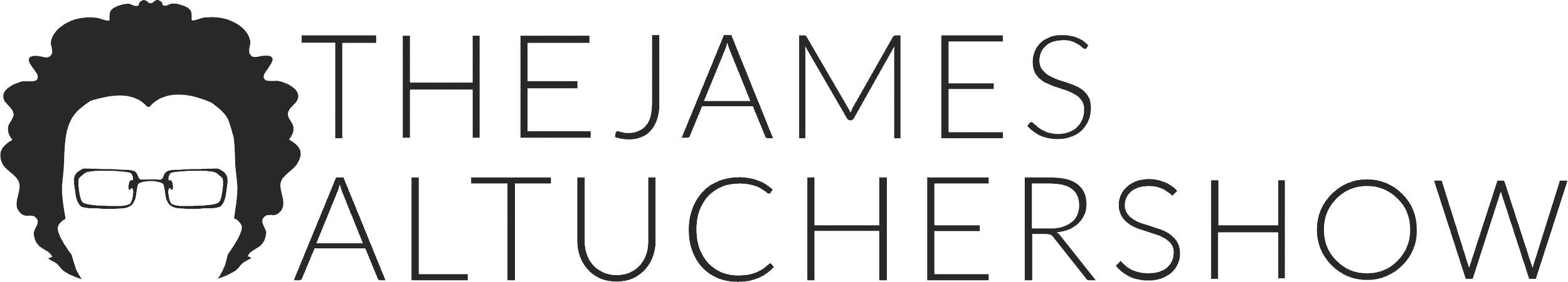 Logo of The James Albuchershow featuring a stylized face with curly hair and glasses.