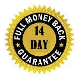 Gold seal badge with black and white text, stating '14 Day Full Money Back Guarantee'