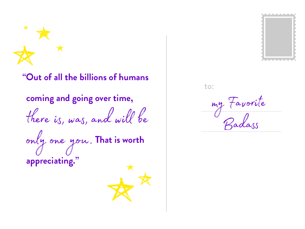 A greeting card with a quote and yellow star illustrations on a white background. The quote is in purple text, and the recipient's name, "my Favorite Badass," is handwritten in purple on the right side.