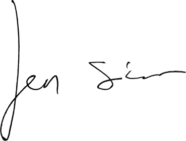 Close-up of a handwritten signature reading "Jen S" on a white background.