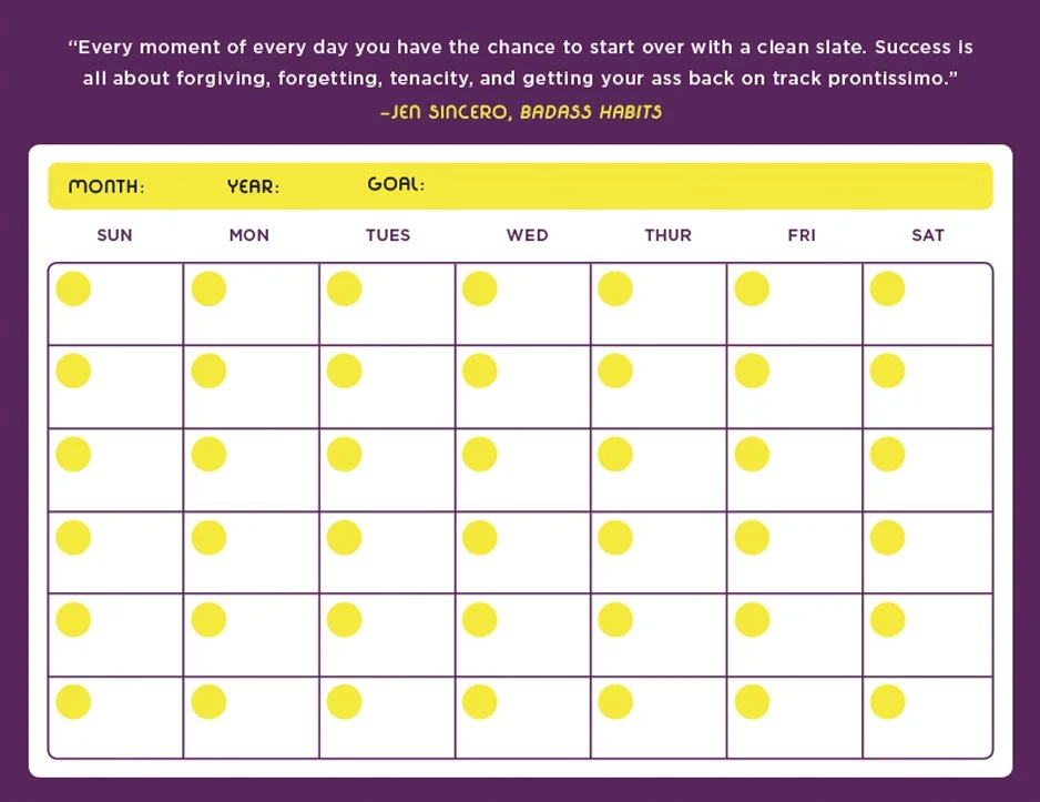 A motivational quote at the top, a blank habit tracking chart with the days of the week, yellow dots for marking achievement, and a space to fill in the month, year, and goal.