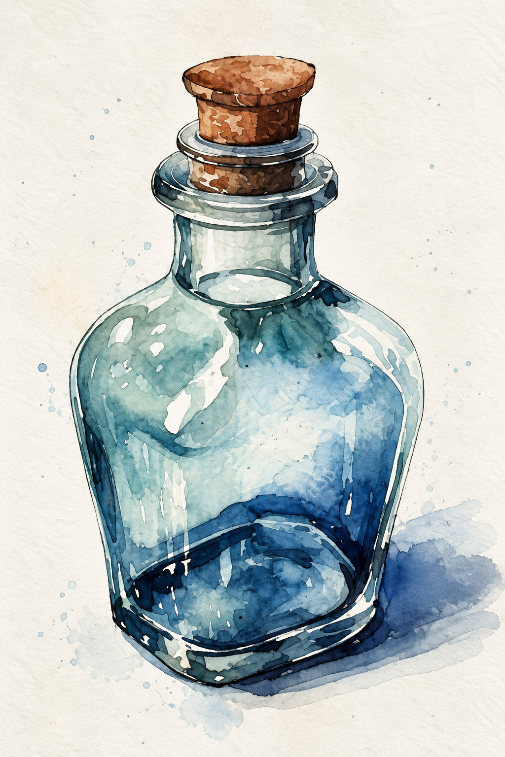 Watercolor painting of a small glass apothecary bottle with a cork stopper.