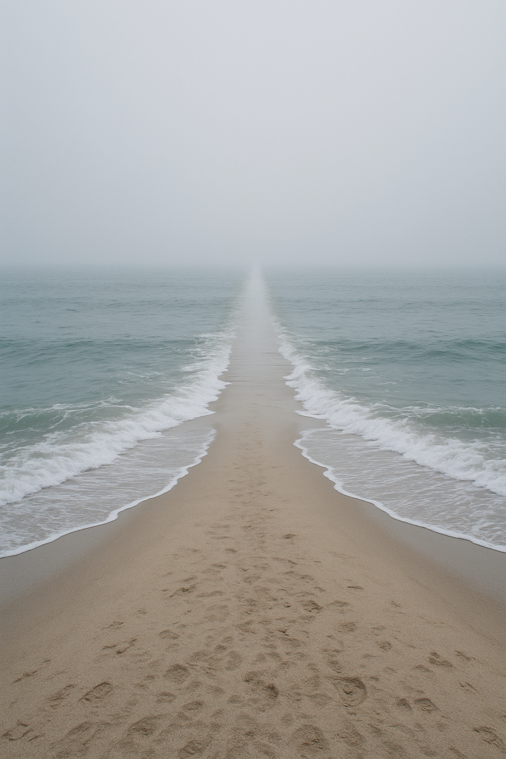 A sandy path on a beach extends into the foggy ocean, with gentle waves on either side.