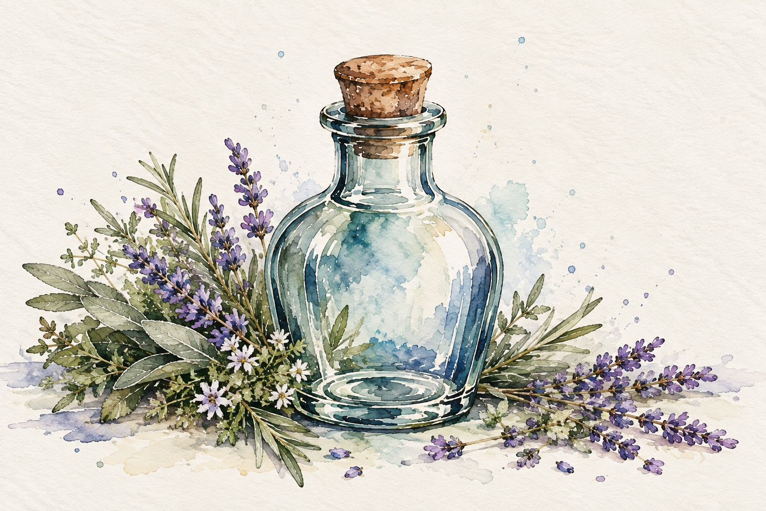 Watercolor illustration of a glass bottle with a cork stopper, surrounded by sprigs of lavender and greenery.