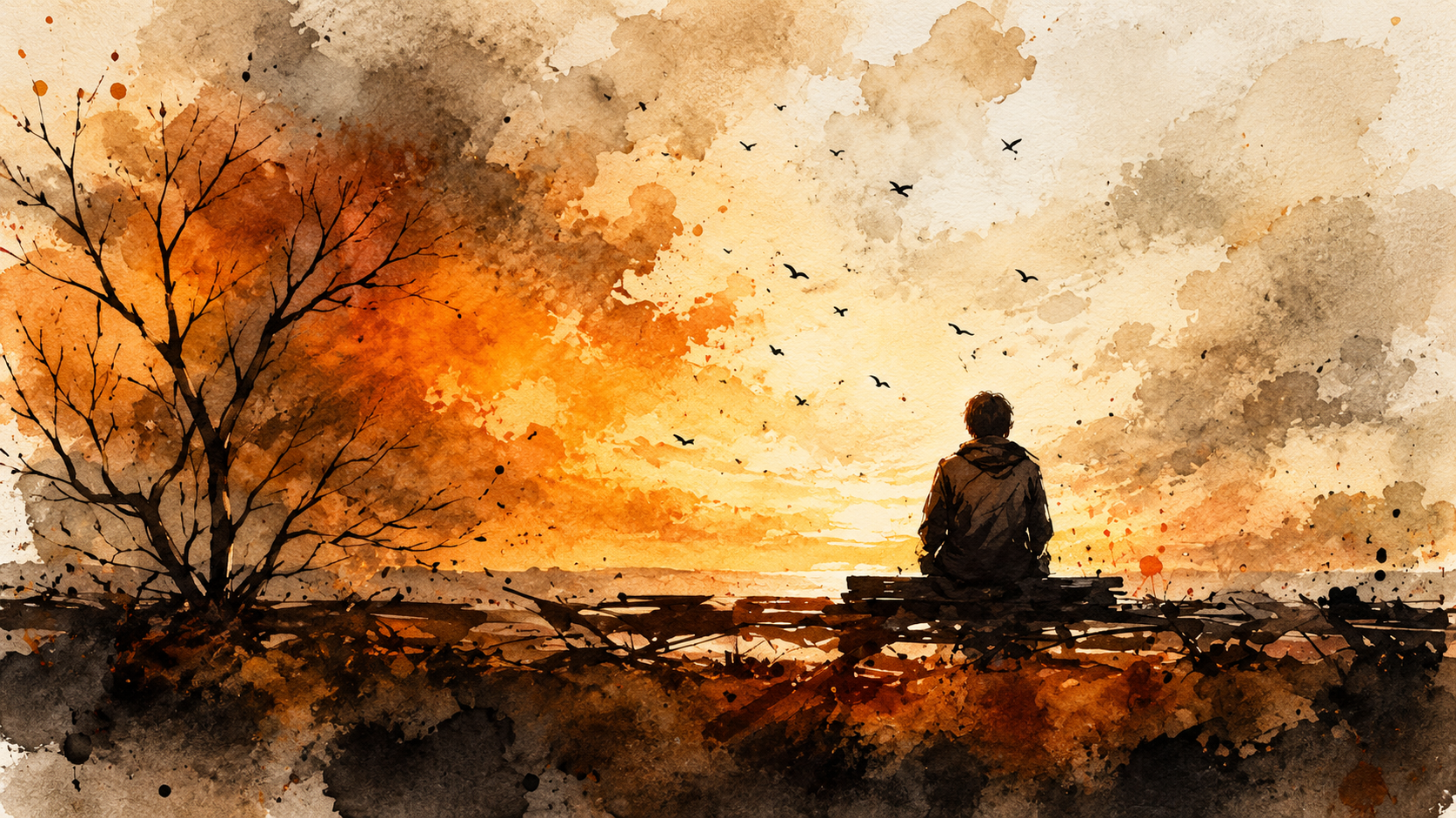 Watercolor painting of a person sitting on a dock, watching a sunset over the water with birds flying in the sky and autumn trees on the shore.