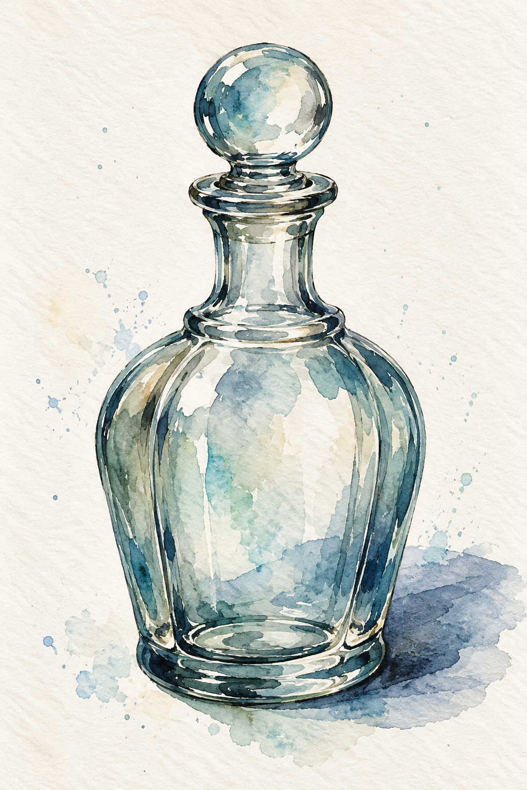Watercolor painting of a clear glass decanter with a rounded stopper casting a shadow on a textured background.