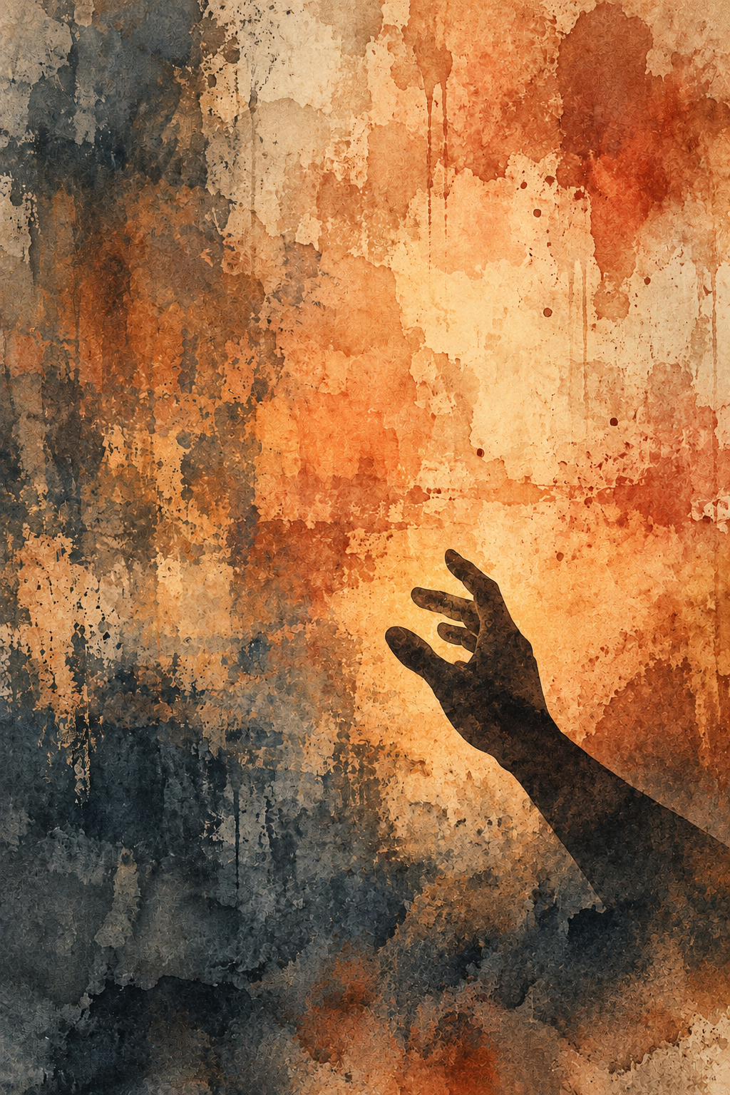 A silhouette of a hand reaching out against an abstract, colorful, textured background in warm tones.