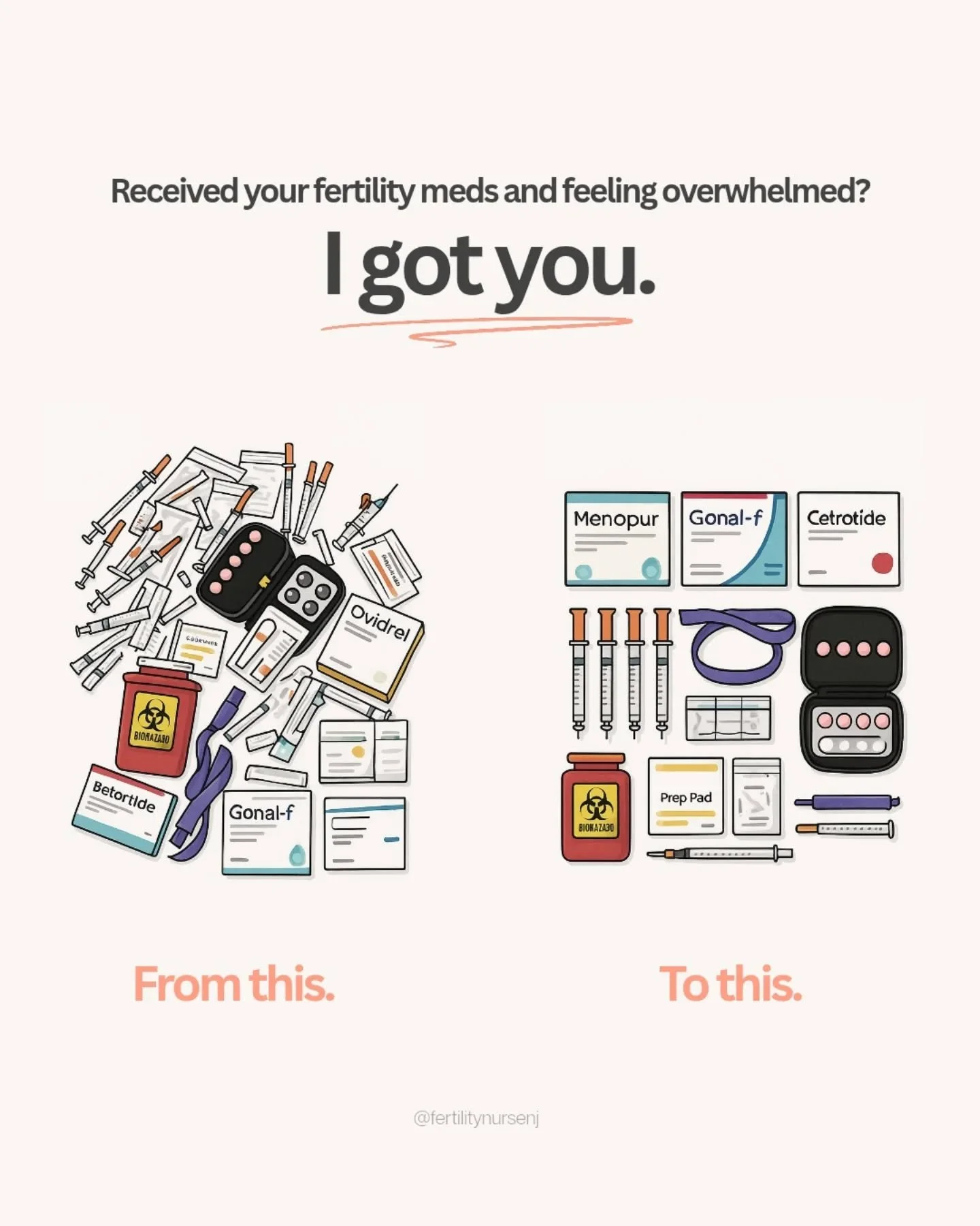 Just opened your fertility meds and feeling instantly overwhelmed? I got you 🤍

From organizing supplies to understanding what&rsquo;s what, I help you simplify your medication prep so you can focus on your journey, not the stress.

🩺 Fertility med