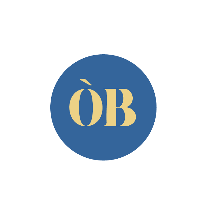 A circular logo with a dark blue background and the word 'ÓB' in gold in the center.