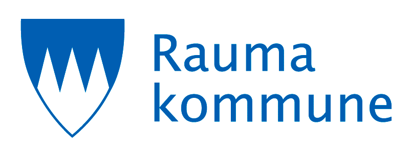 Kommunlogo for Rauma kommune med en blå skjold og teksten 'Rauma kommune' til høyre.