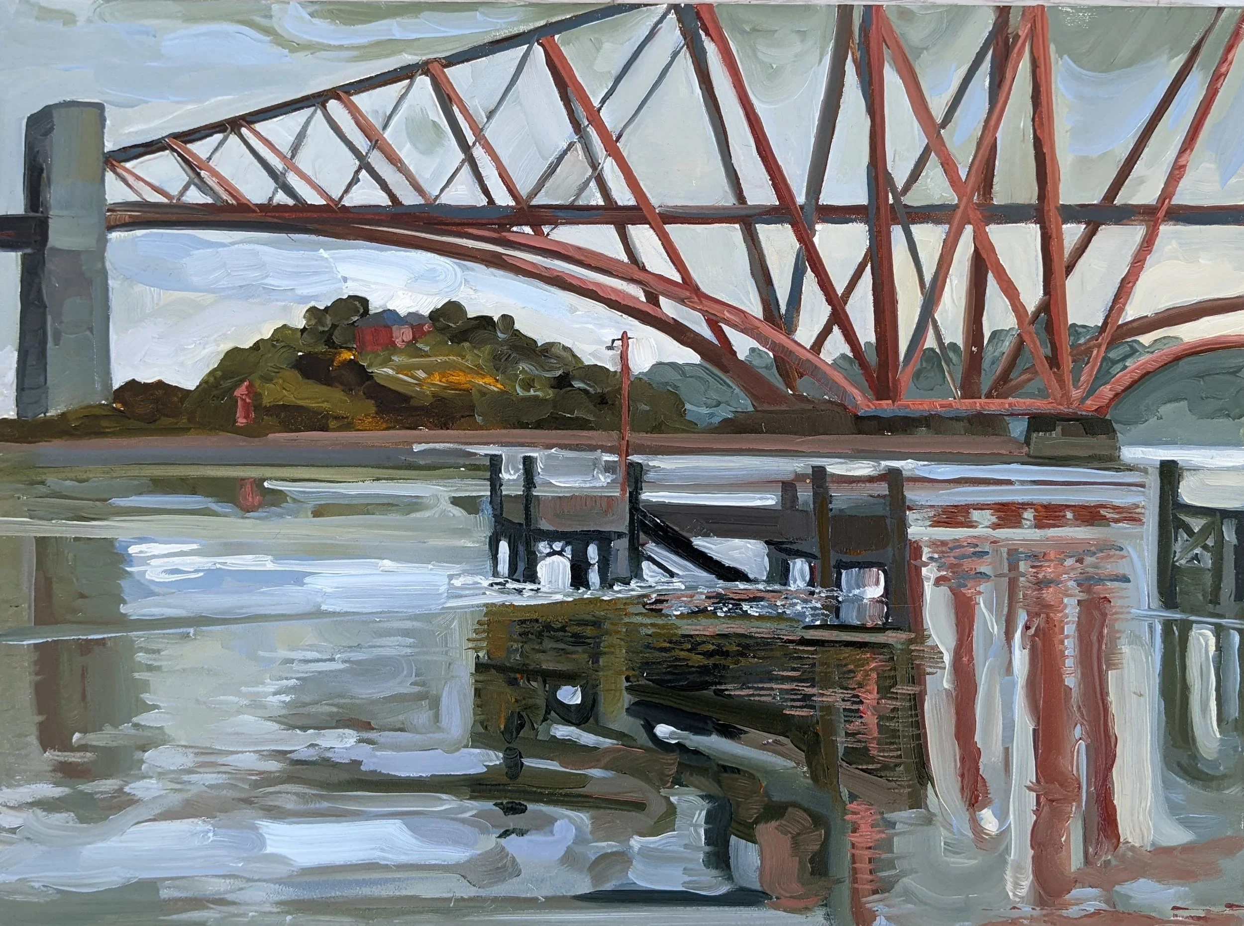 Afsheen Nasir at the Forth Bridge during the semi-finals of Sky Arts Landscape Artist of the Year 2022. The semi-final took place on the north banks of the River Forth at North Queensferry, overlooking the Forth Bridge. Afsheen's painting from this l