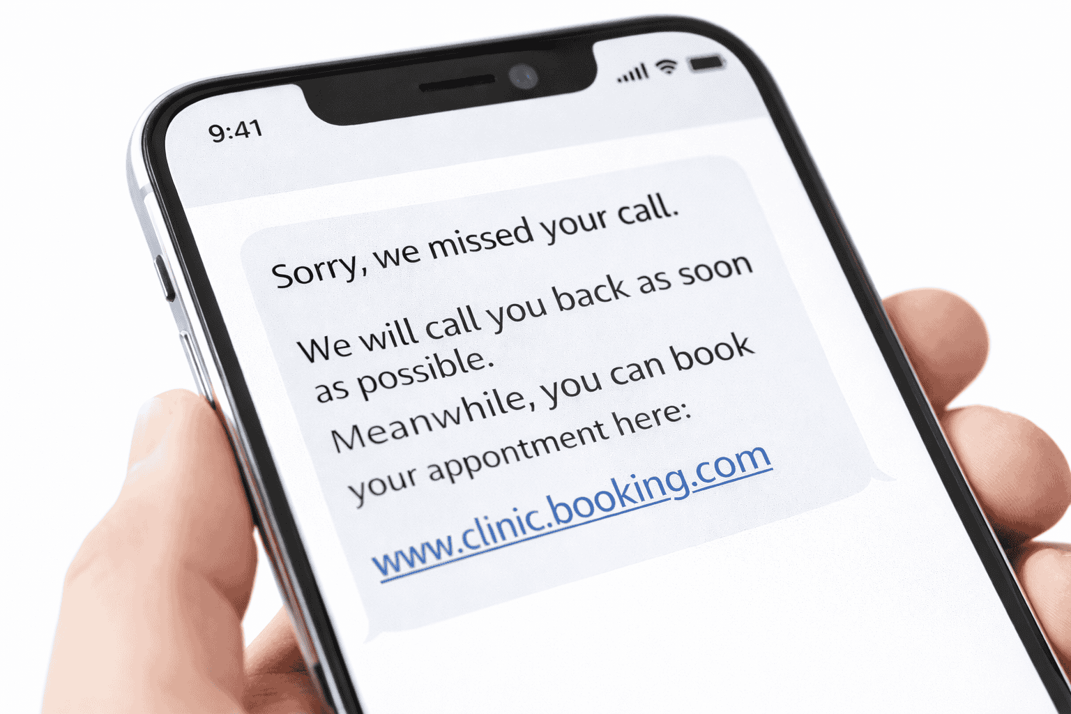 Smartphone displaying a message about missed call and appointment booking link.