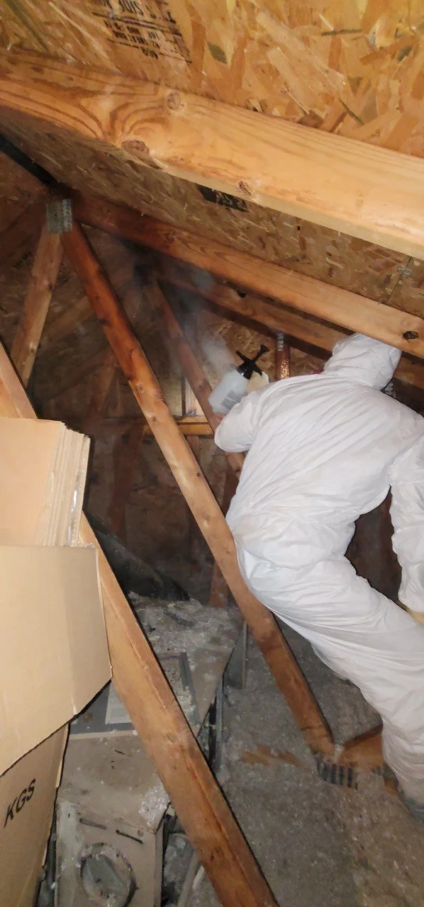 Worker in a white protective suit spray painting the interior framework of an attic or crawl space with a spray gun.