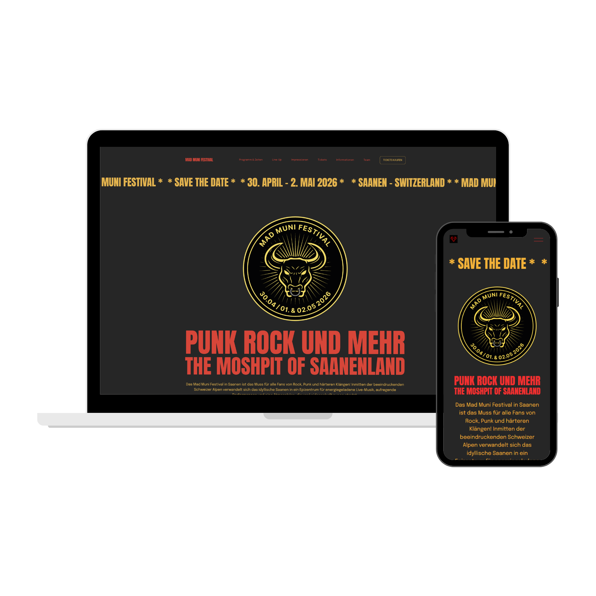 MockUp-Darstellung der Website "www.madmuni.ch" auf Laptop und Handy