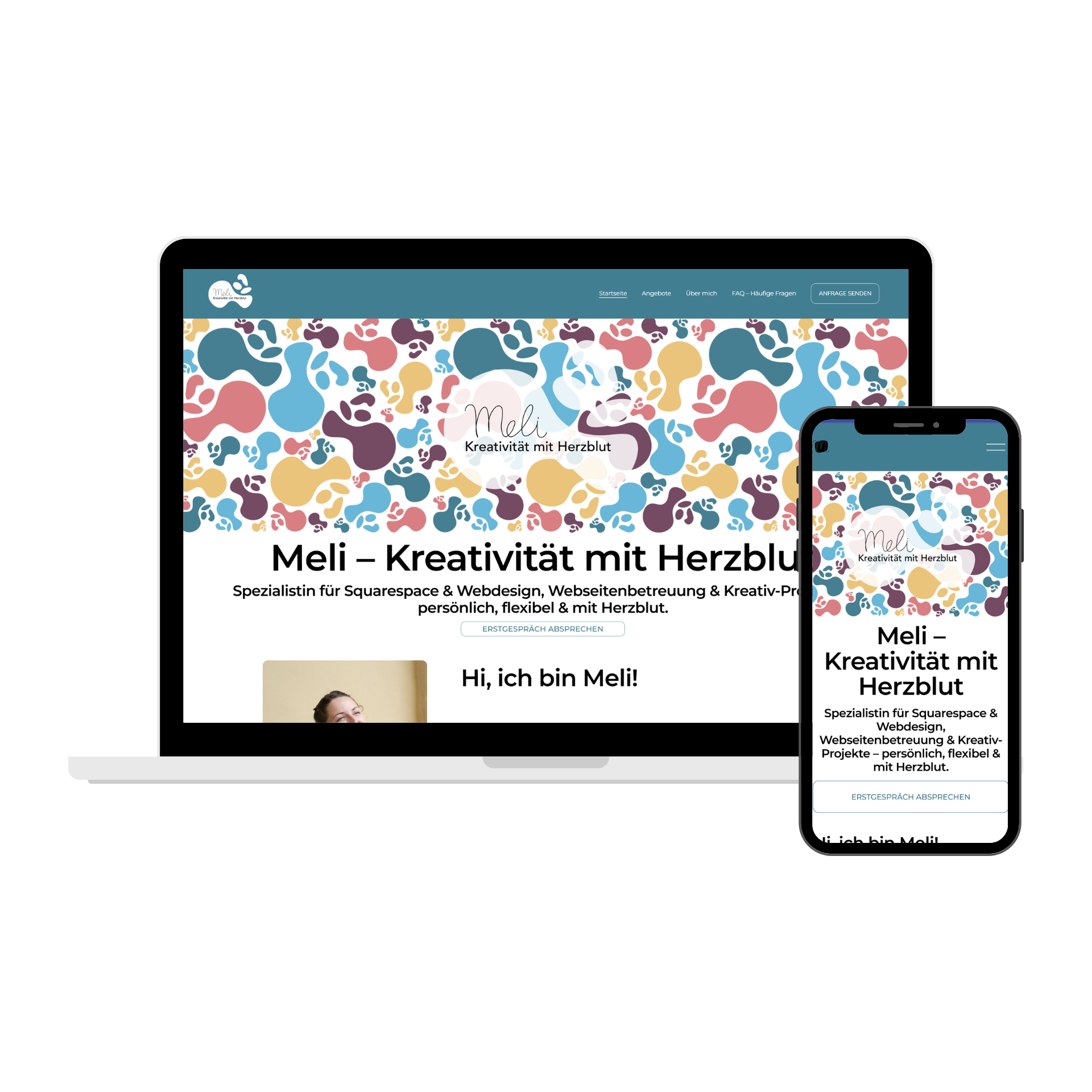 MockUp-Darstellung der Website "www.meli-kmh.ch" auf Laptop und Handy