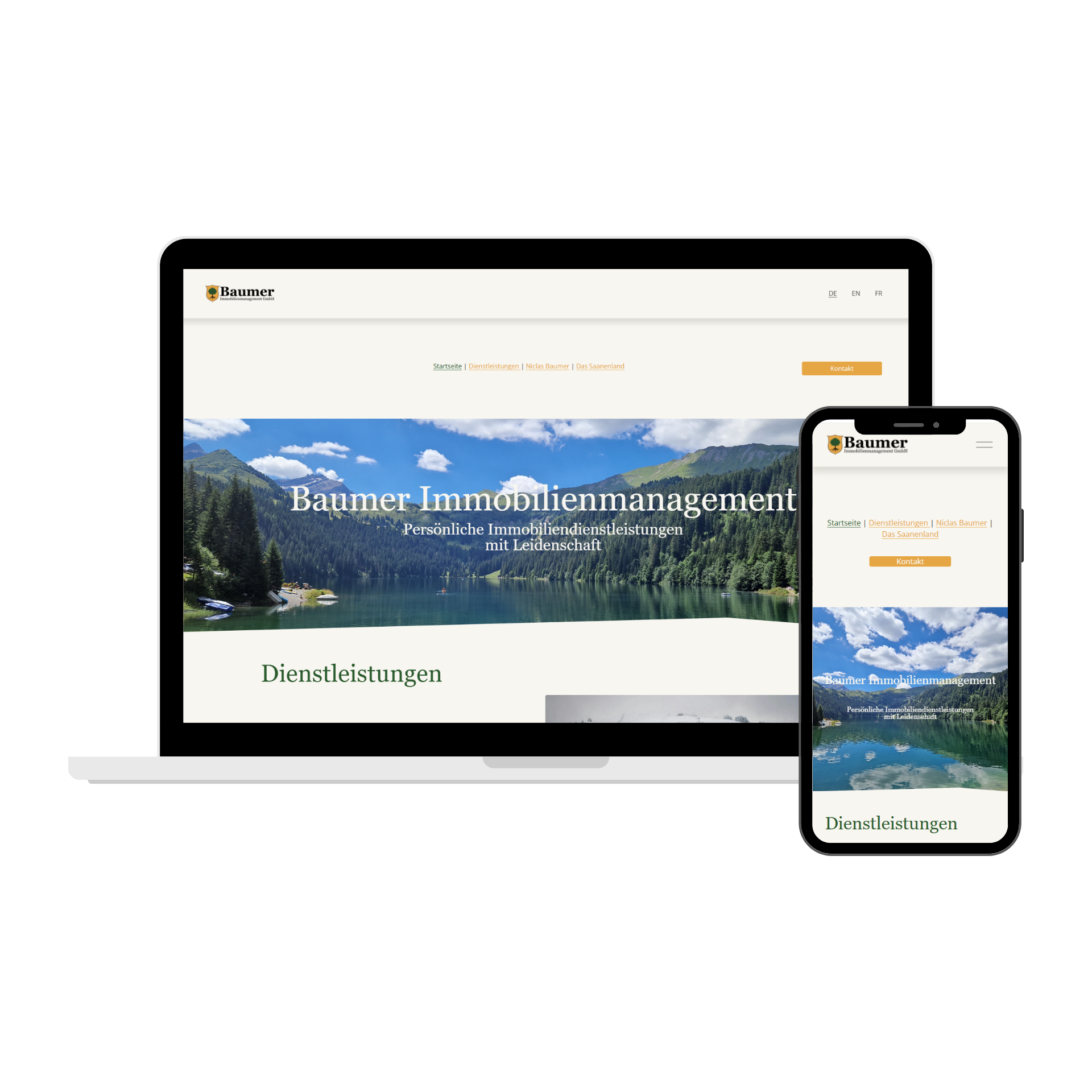 MockUp-Darstellung der Website "www.baumerimmo.ch" auf Laptop und Handy