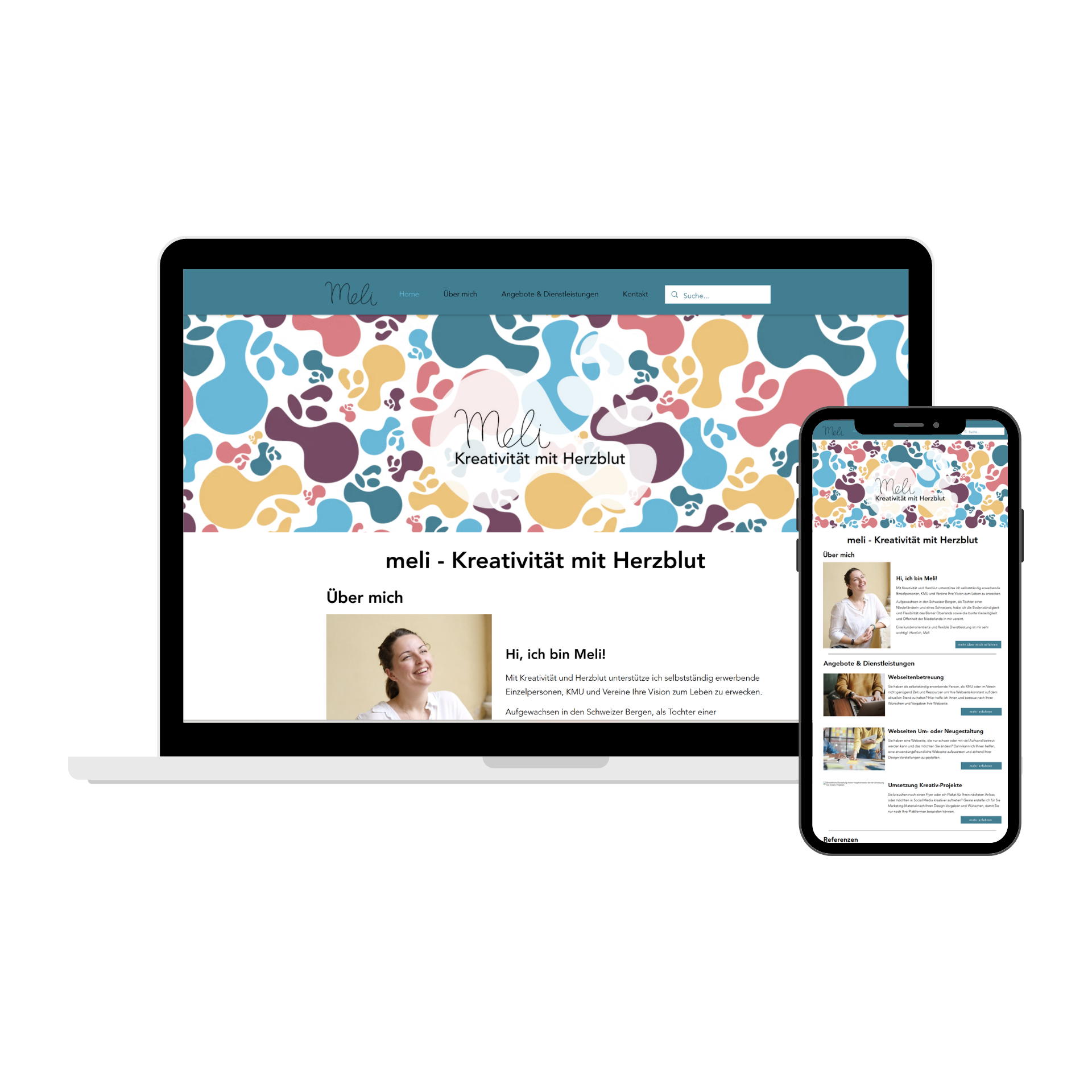 MockUp-Darstellung der alten Website "www.meli-kmh.ch" auf Laptop und Handy