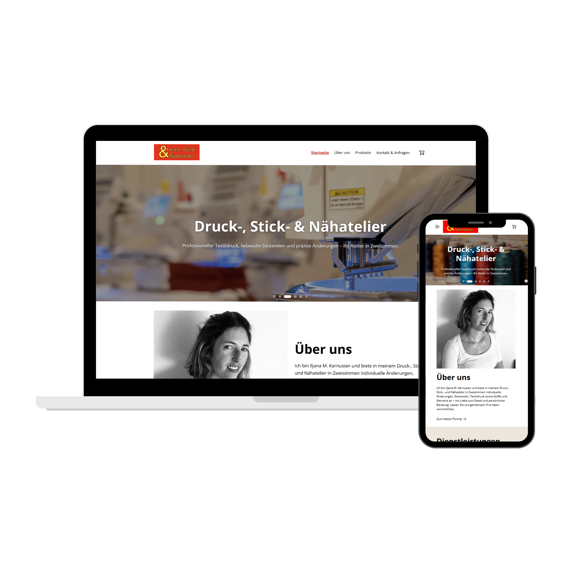 MockUp-Darstellung der Website "druck-stick.ch" auf Laptop und Handy