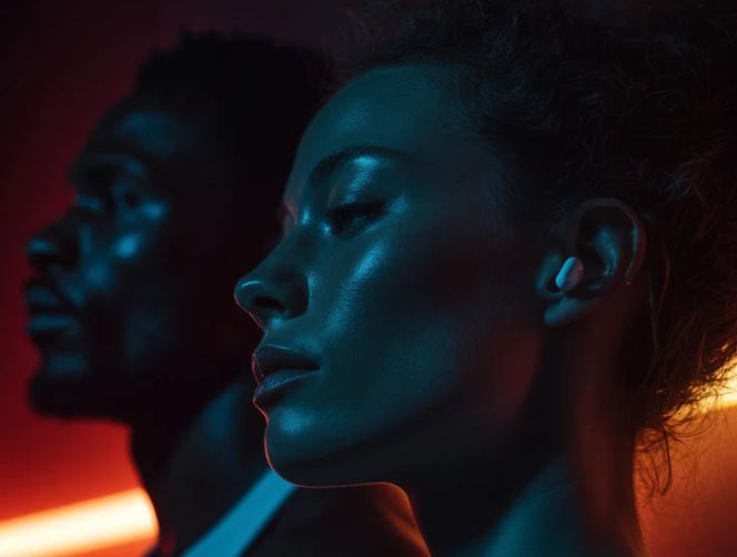 Close-up of a woman with glowing skin, with her eyes closed and head slightly tilted, illuminated by colorful, moody lighting, in an artistic portrait style.