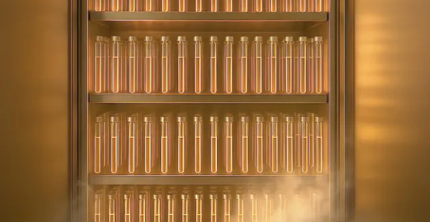 A refrigerator with multiple rows of test tubes or vials illuminated by warm lighting.
