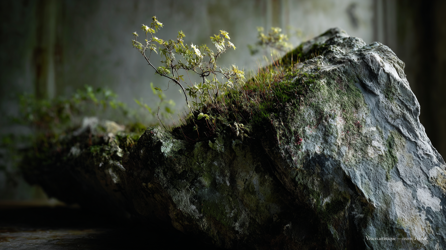 Vision artistique Aza — sculpture pierre et végétal à venir, microcosme vivant sur la permanence minérale