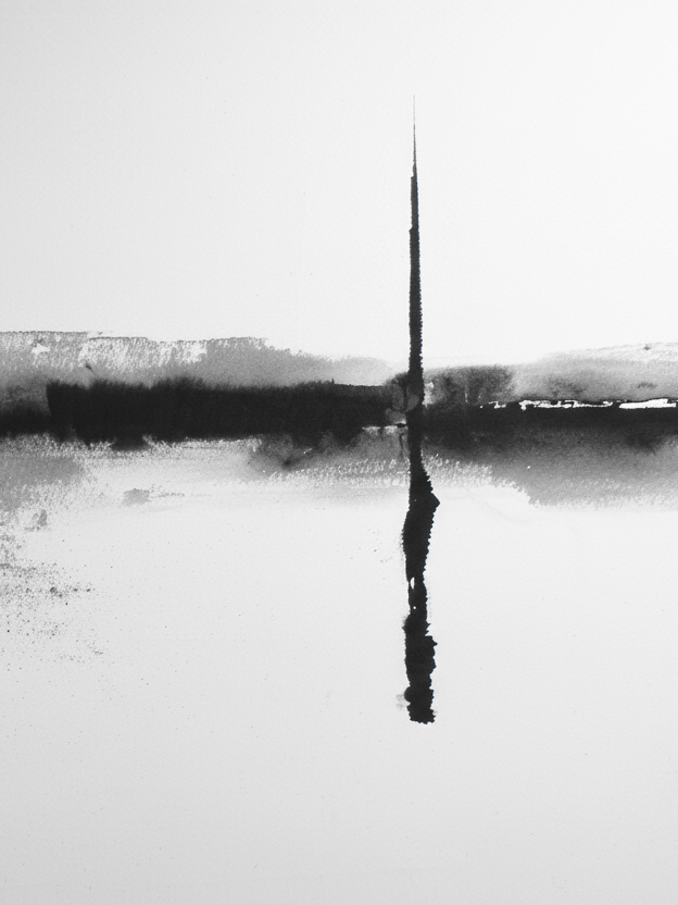 Seuil détail — trait vertical émergeant de la brume, création numérique Zenaïa