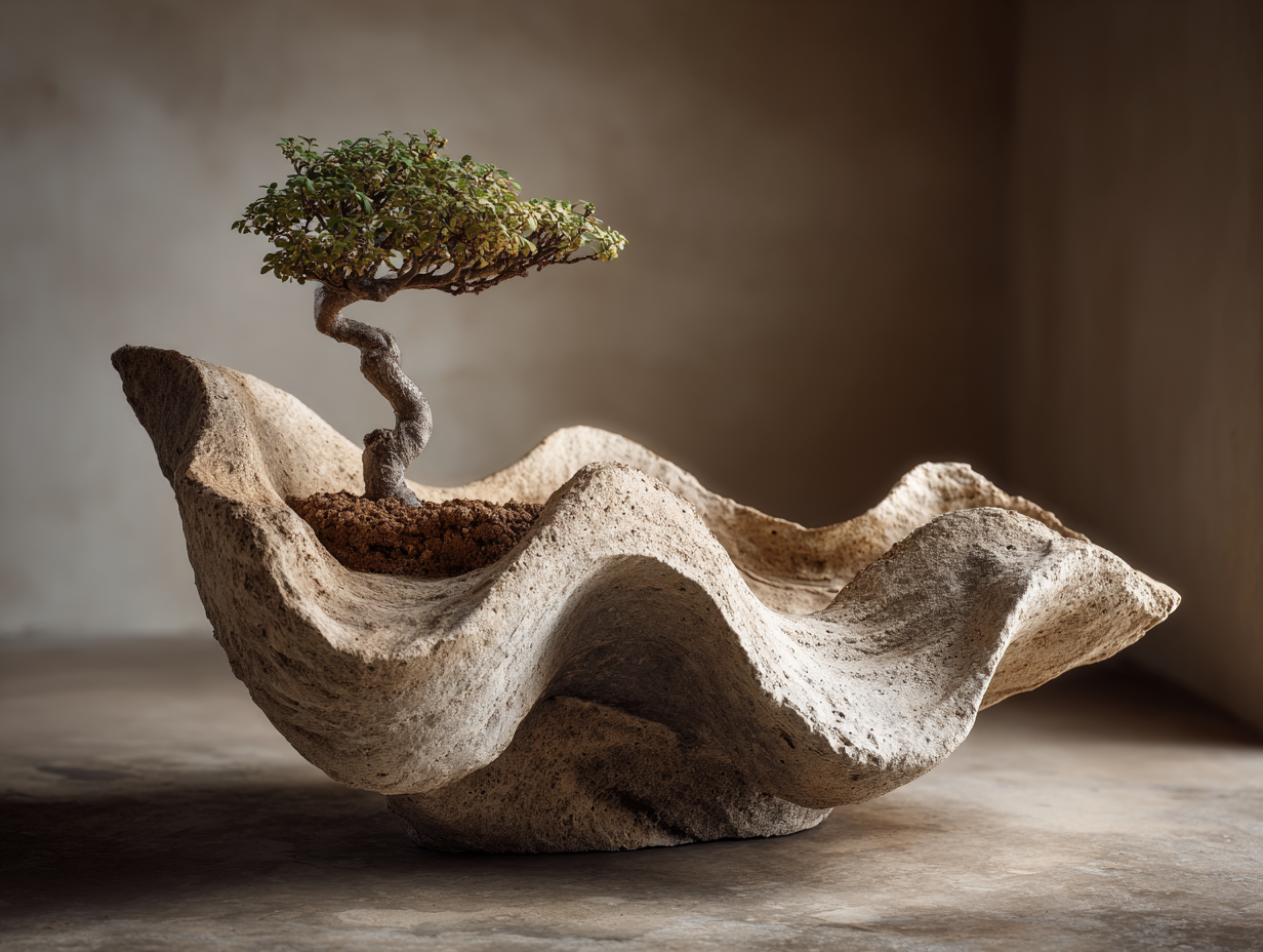 Un petit arbre en pot de fleurs sculpté dans une pierre, avec un tronc torsadé et un feuillage dense, placé dans un plateau en pierre avec une forme ondulée.