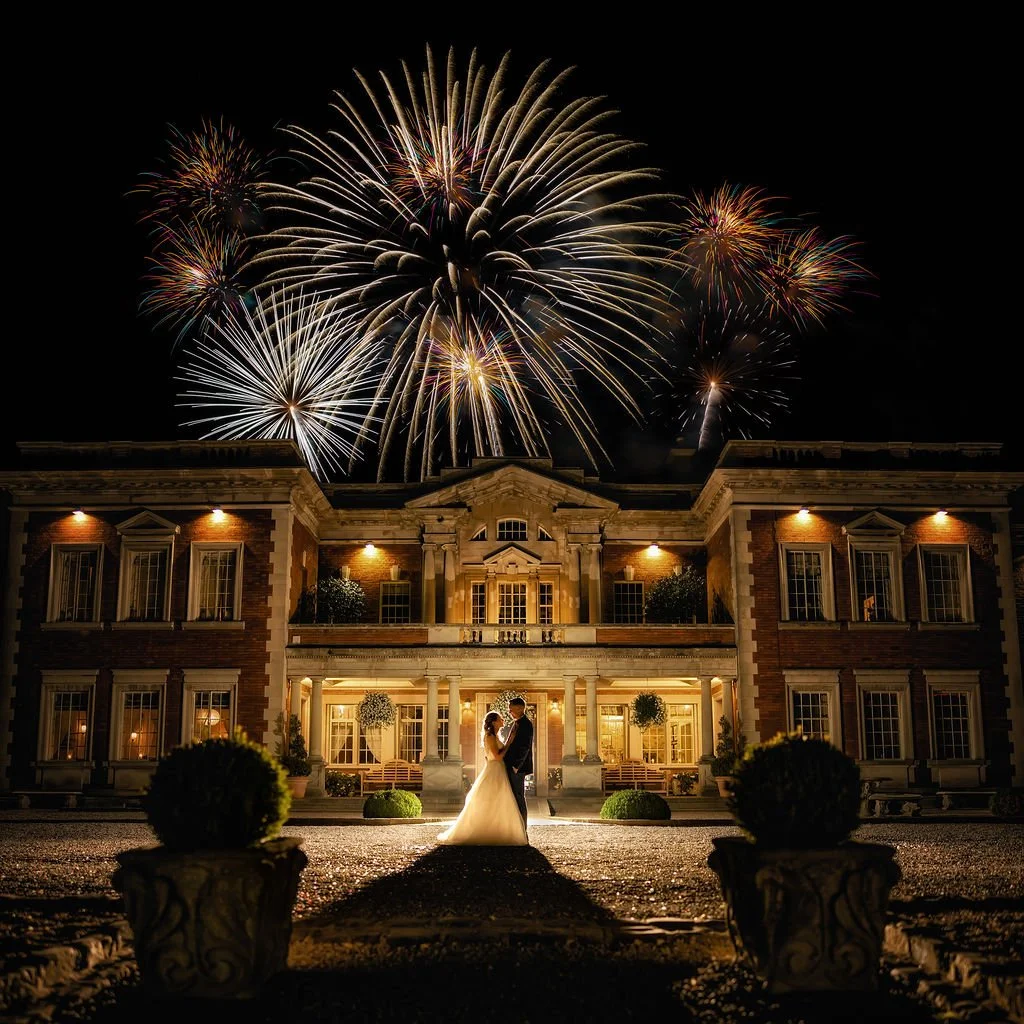 A wedding couple standing in front of a grand mansion at night, fireworks exploding in the sky above them.