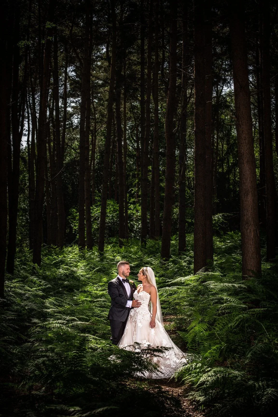 Bride and groom look at each other surrounded by many tall trees and green fern leaves in a forest during the day