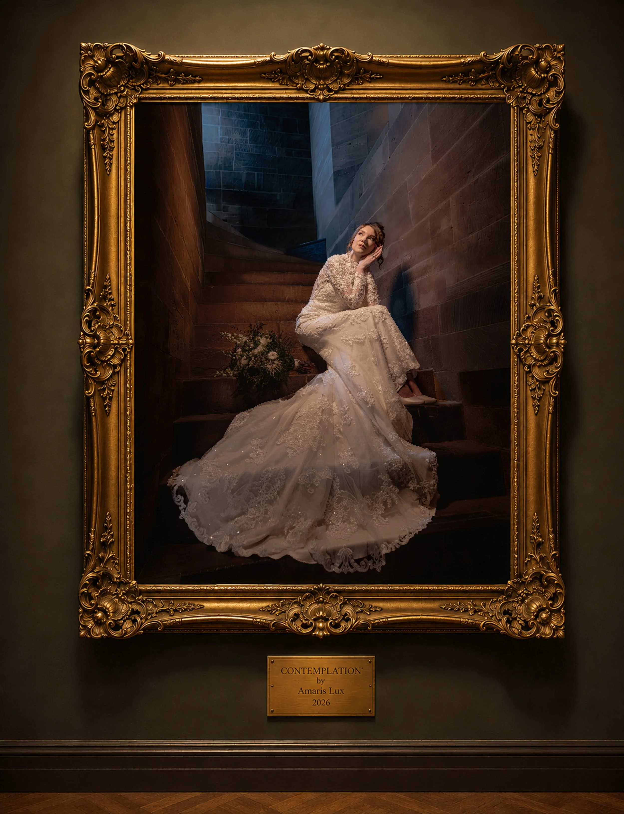 A framed artwork titled 'Contemplation' by Amaris Lux, 2026, displays a woman in a white lace wedding dress sitting on a staircase, with her head resting on her hand, in a dimly lit space.