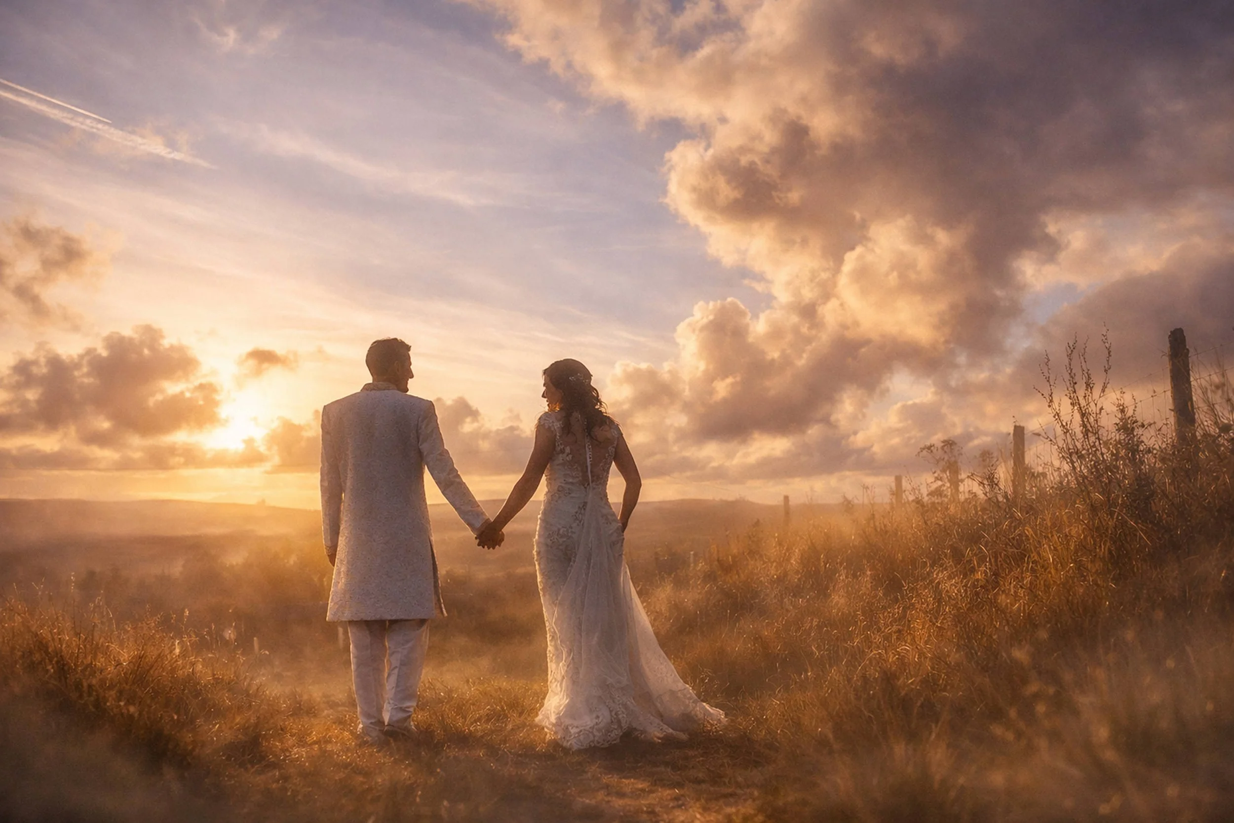 A bride and groom holding hands at sunset in a grassy field.