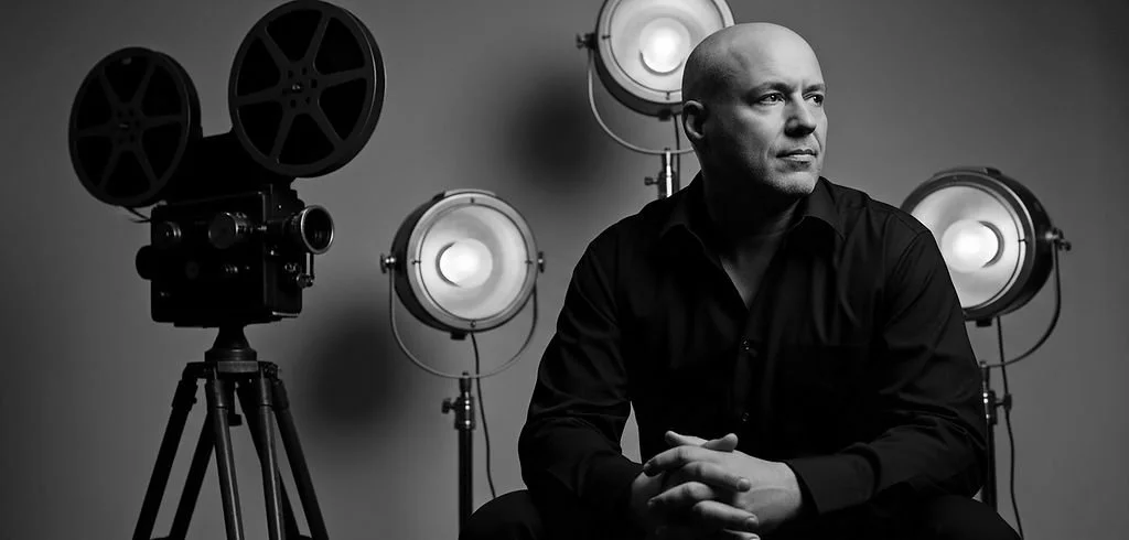 A man sitting in front of film studio lights and a vintage film camera in black and white.