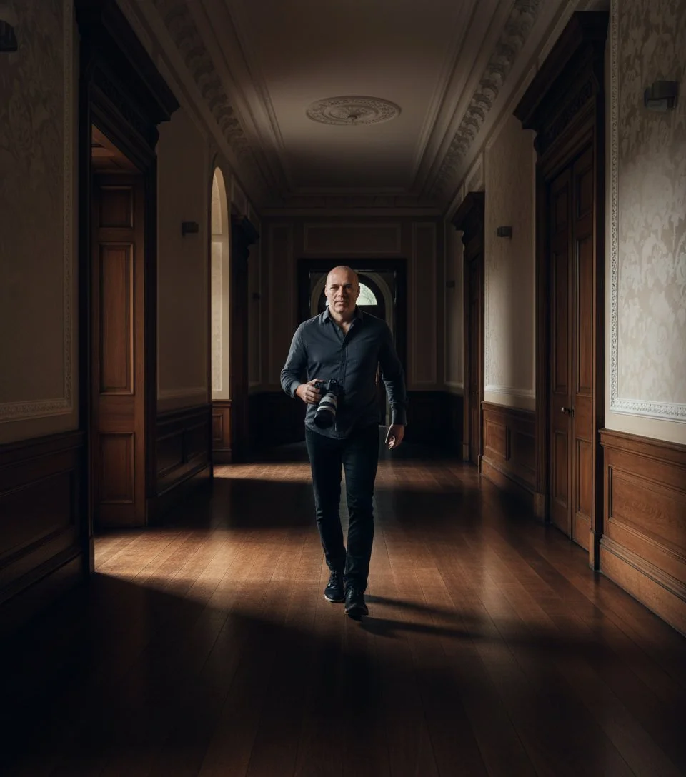 A man walking in a dimly lit hallway of an elegant, old mansion or hotel, holding a camera in his right hand.