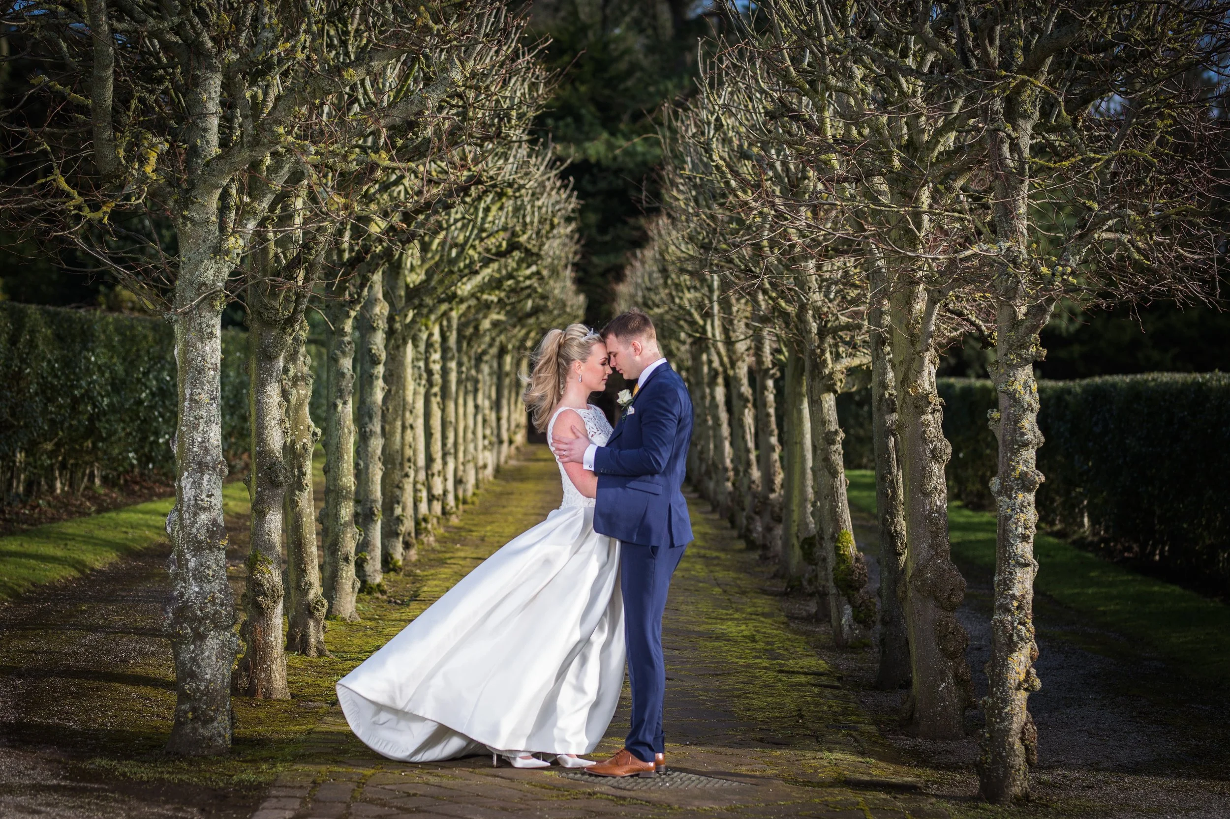 A bride and groom are standing in a pathway lined with leafless trees, gently touching foreheads and embracing each other in wedding attire.