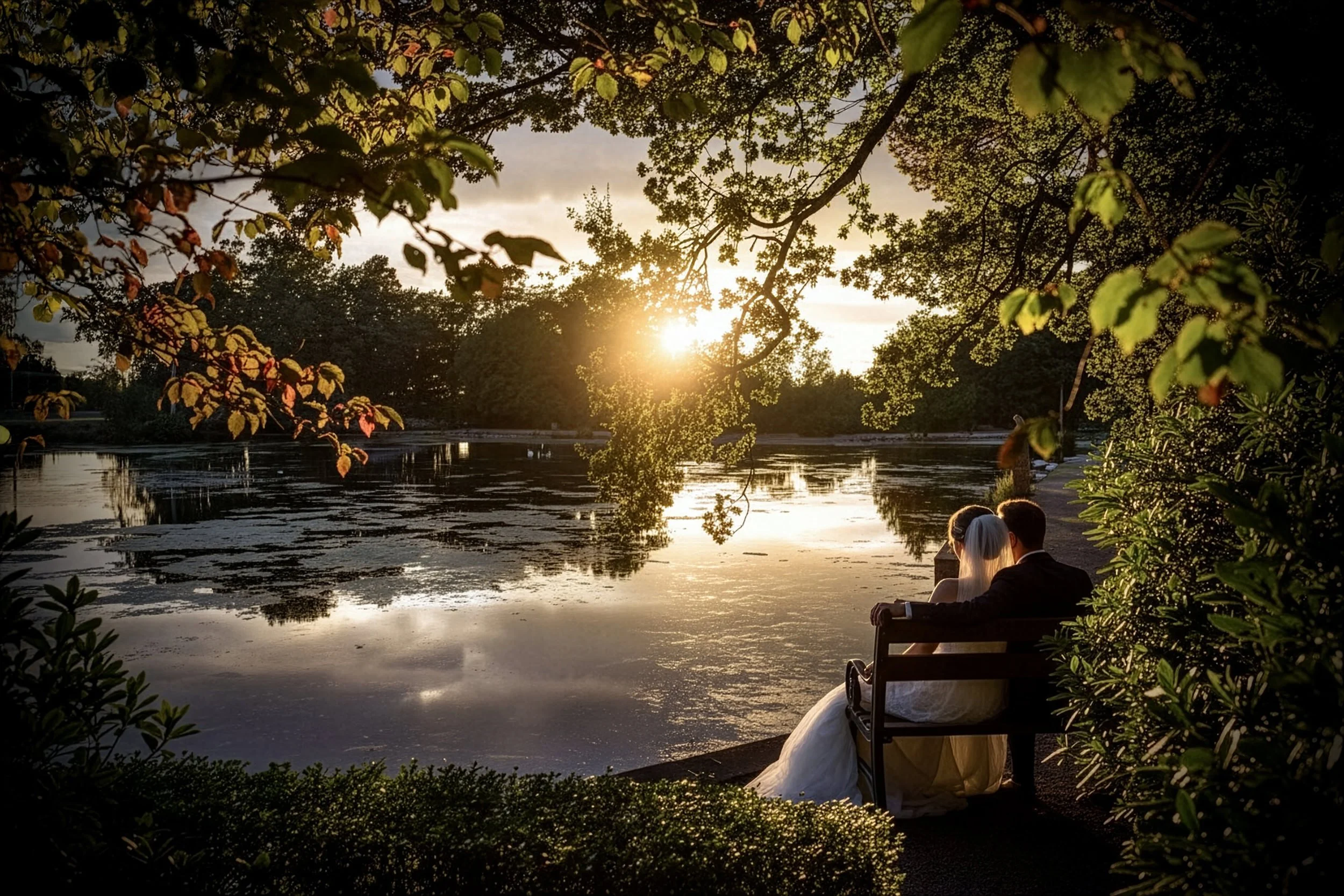 A newlywed couple sitting on a bench beside a lake during sunset, surrounded by trees and foliage.