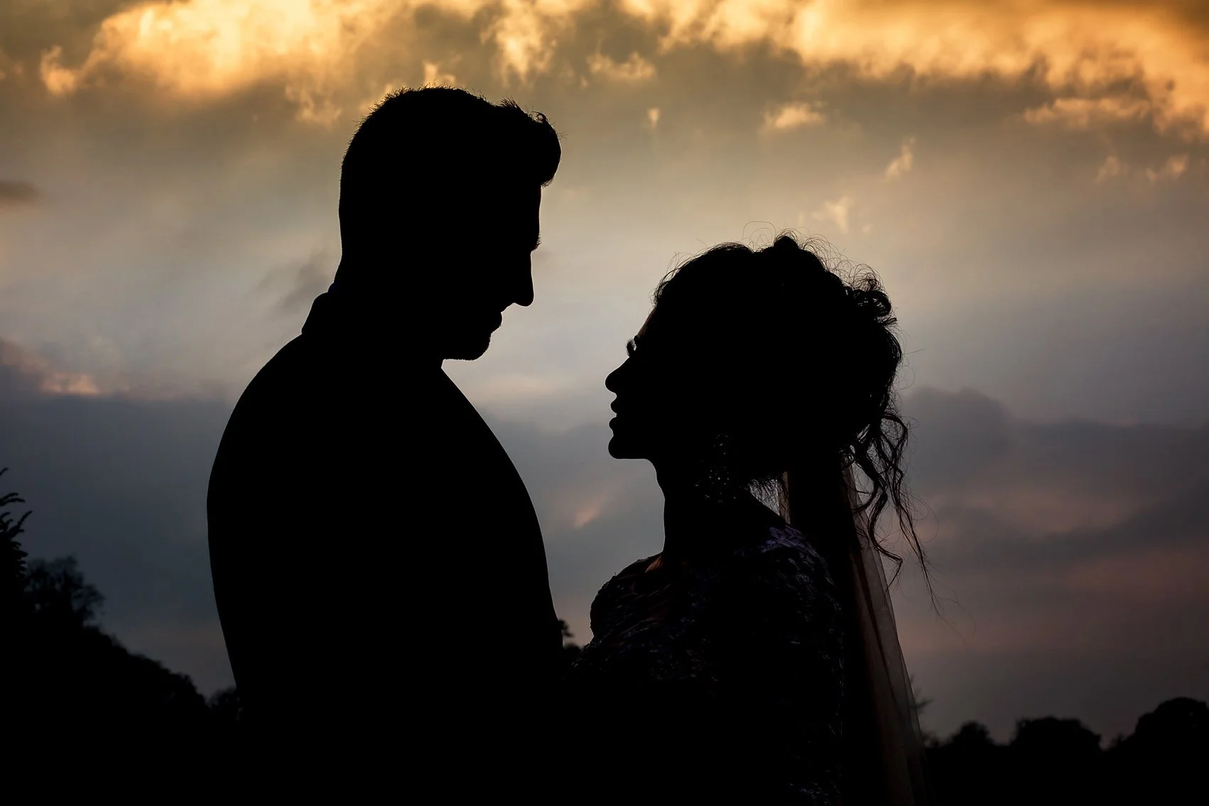 Silhouette of a bride and groom facing each other against an Autumn sky.