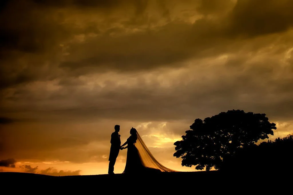 Silhouette of a couple holding hands and facing each other at sunset, with a large tree on the right and dramatic clouds overhead.