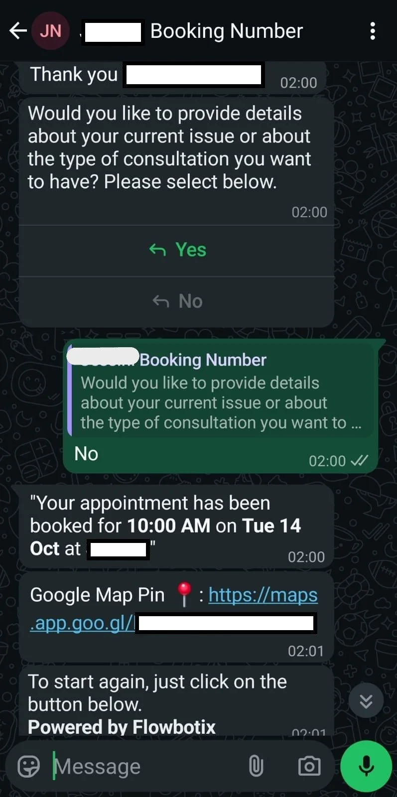Confirmed WhatsApp appointment booking powered by Flowbotix