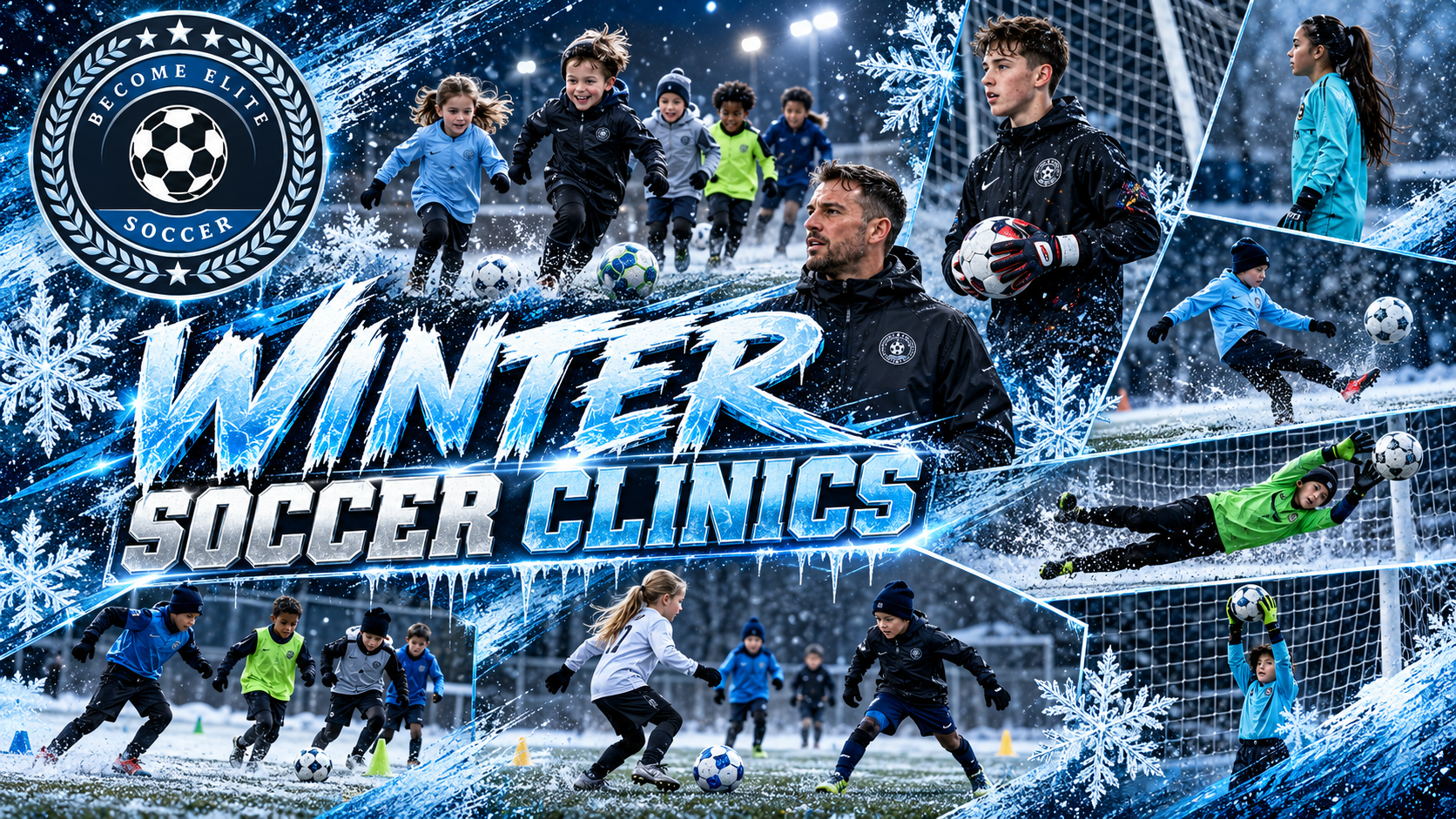 Become Elite Soccer Winter Soccer Clinics featuring youth players, goalkeeper training, and soccer skills development in a winter-themed blue design.