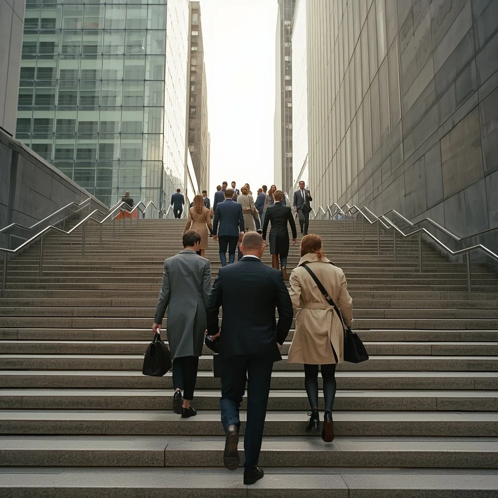 En man i kostym promenerar genom en stadsgata omgiven av höga glasbyggnader under soluppgång eller solnedgång.