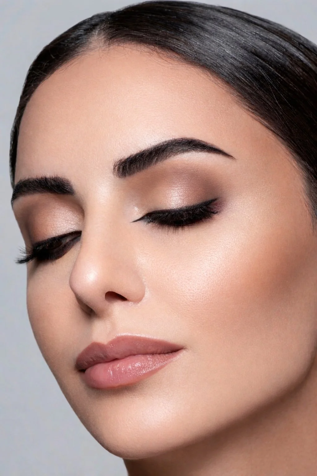 Close-up of a woman's face with makeup, closed eyes, dark eyebrows, and sleek dark hair.