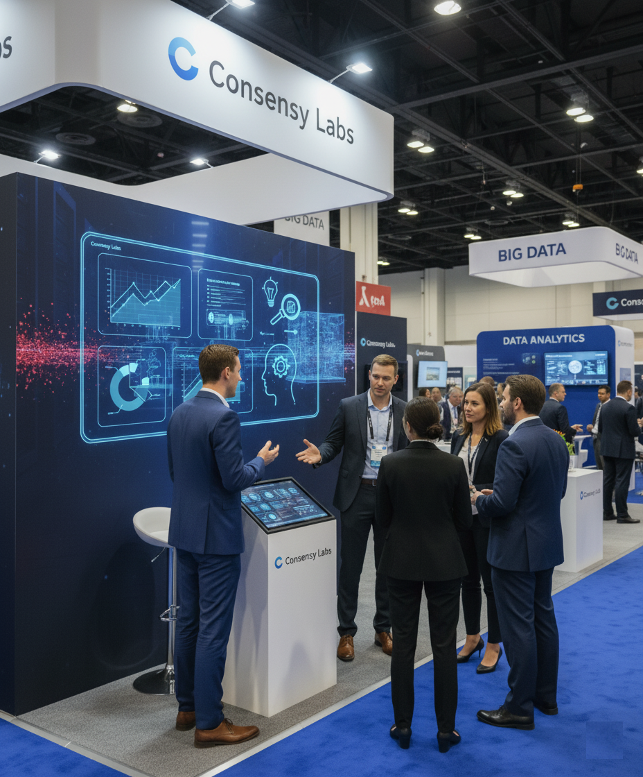 Groupe de personnes en tenue professionnelle discutant à un stand d'exposition consacré à l'intelligence artificielle et aux données, avec un grand écran digital affichant des graphiques et des illustrations liées à la technologie.