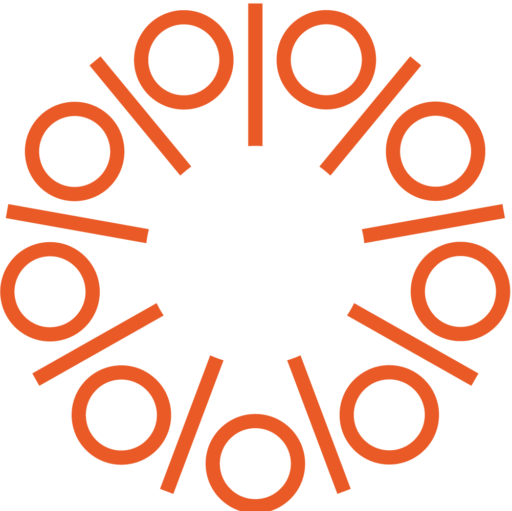 Un symbole représentant des pourcentages en forme ronde orange, disposés en cercle sur un fond noir.