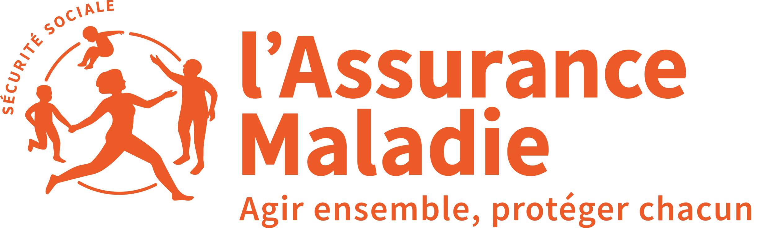 Health insurance logo with the text "Social Security" at the top and "Acting together, protecting everyone" at the bottom, orange color, illustration of several people in a circle.