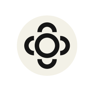 Black and white circular logo with four circular patterns around a central circle.