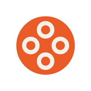 An image showing an orange pie chart with five white circles inside.